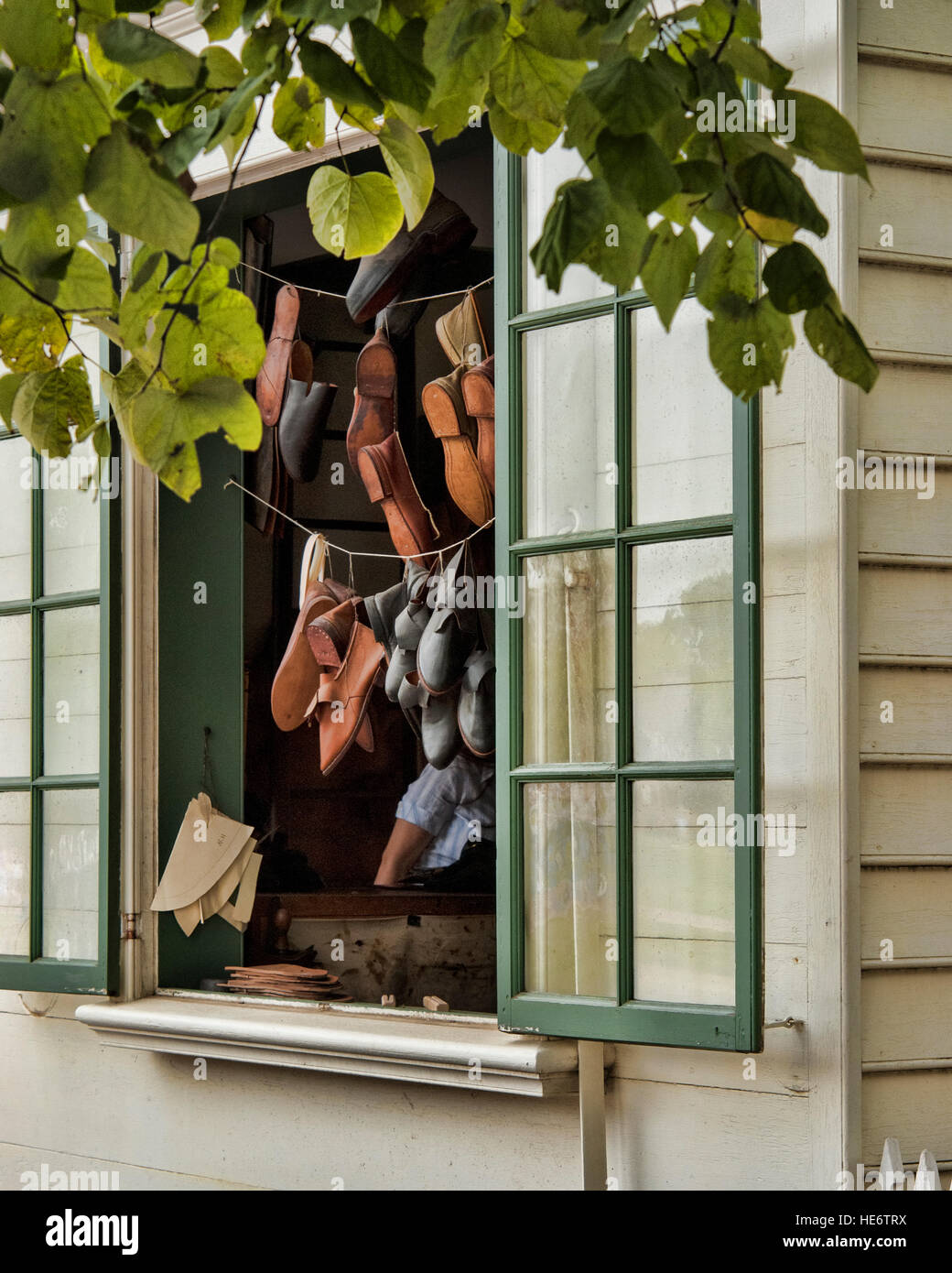 Colonial Williamsburg shoemaker's shop display Stock Photo