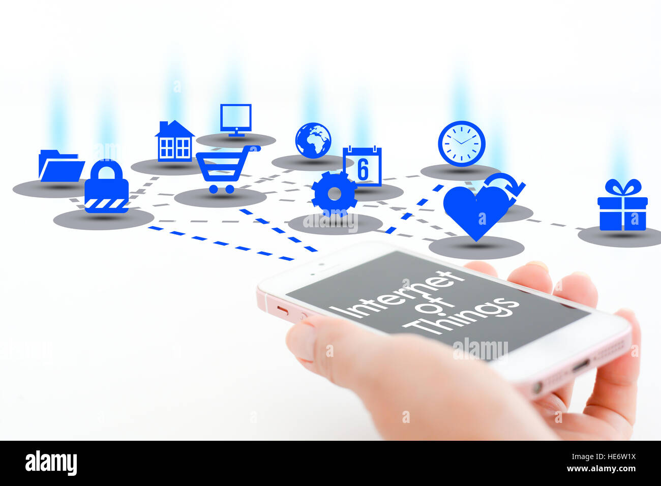 Internet of things concept with smartphone and different apps icons Stock Photo