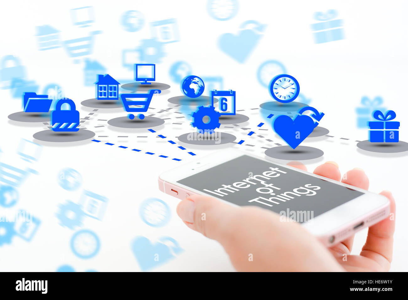 Internet of things concept with smartphone and different apps icons Stock Photo