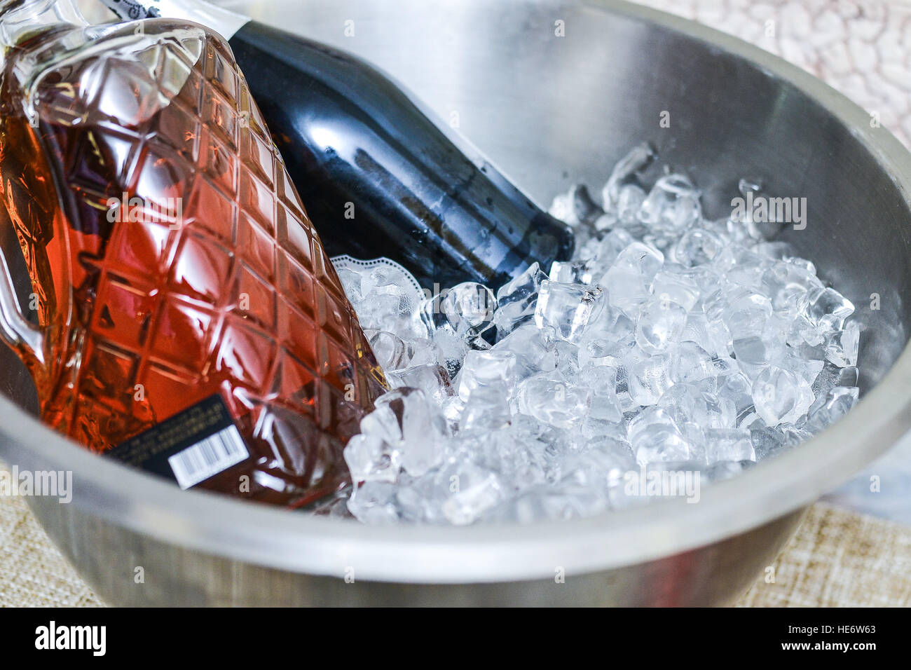 Set of Alcohol bottles in an ice bucket Stock Photo Alamy