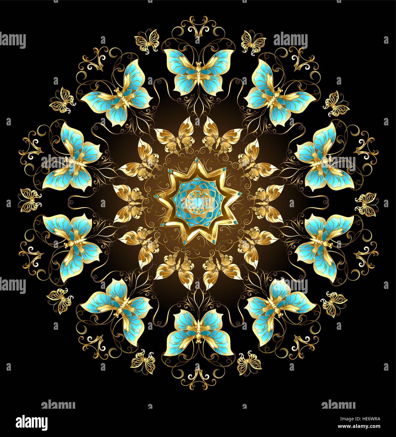 Mandala of gold and turquoise butterflies on a black background. Design