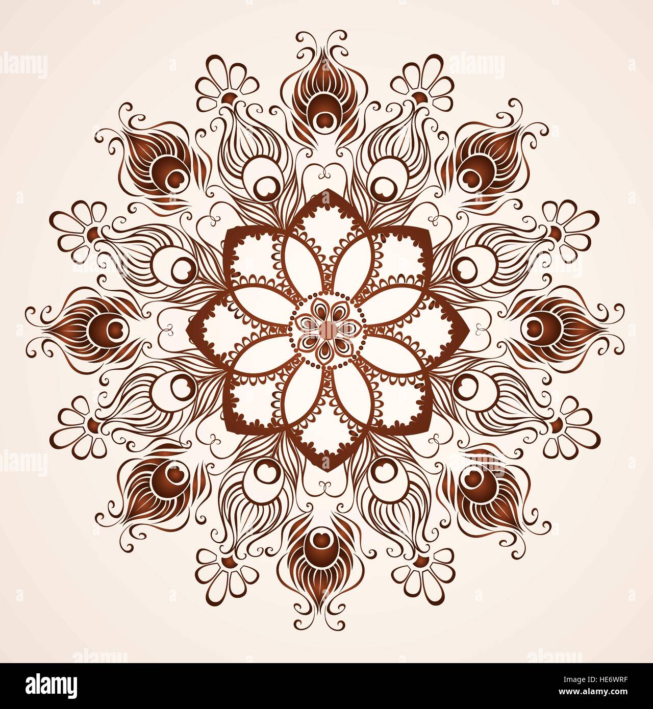 mandala of peacock feathers painted with henna on a light background. Stock Vector