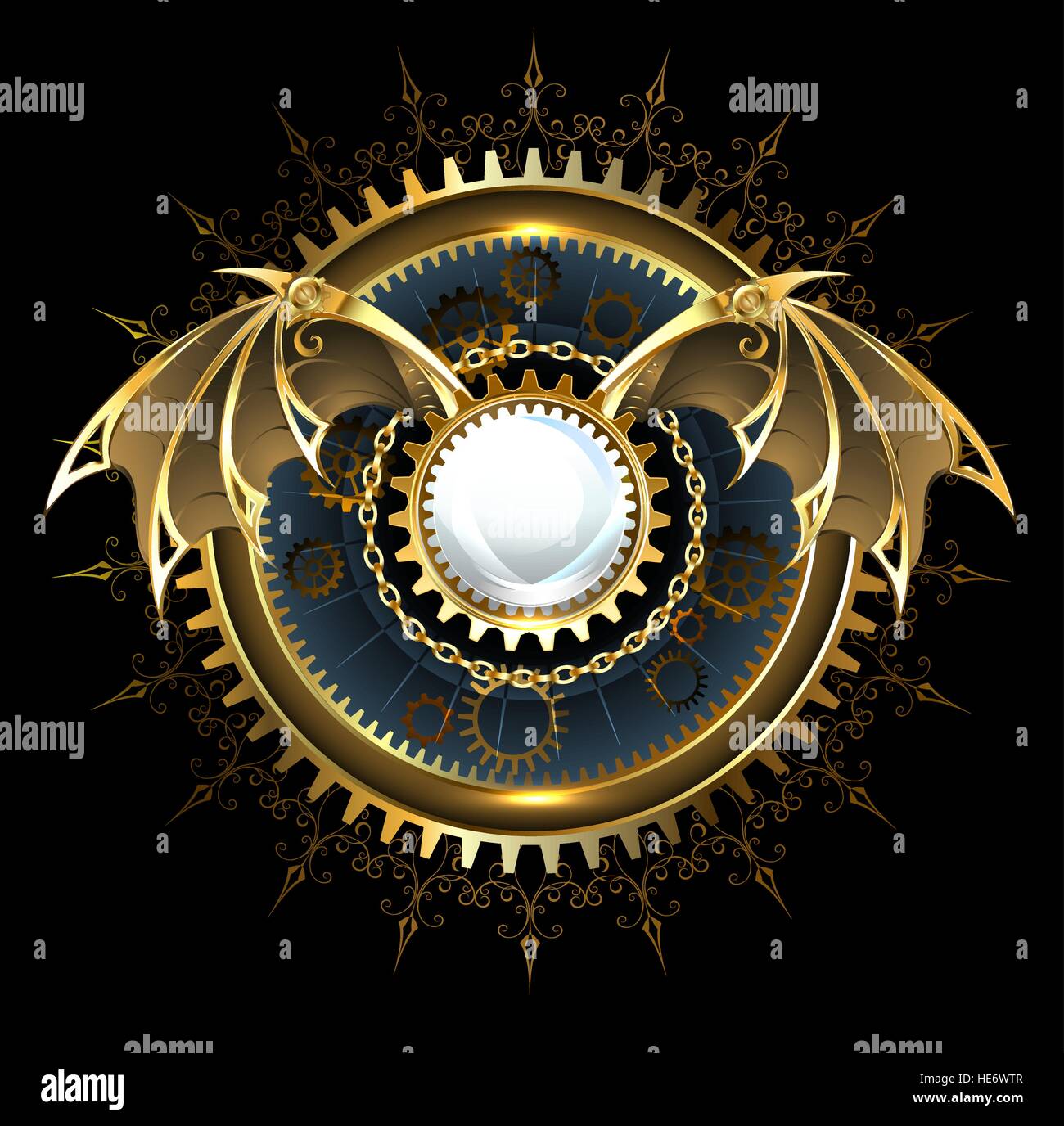 Round banner with gears and mechanical brass wings of a dragon on a black background. Stock Vector