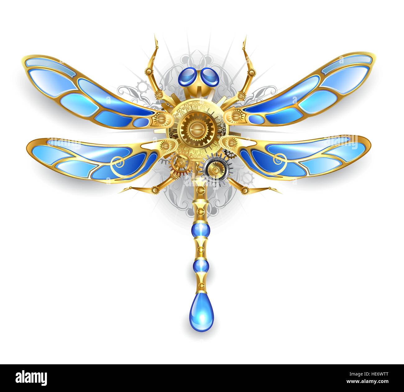 mechanical dragonfly wings with blue glass and bronze gears on a white background Stock Vector