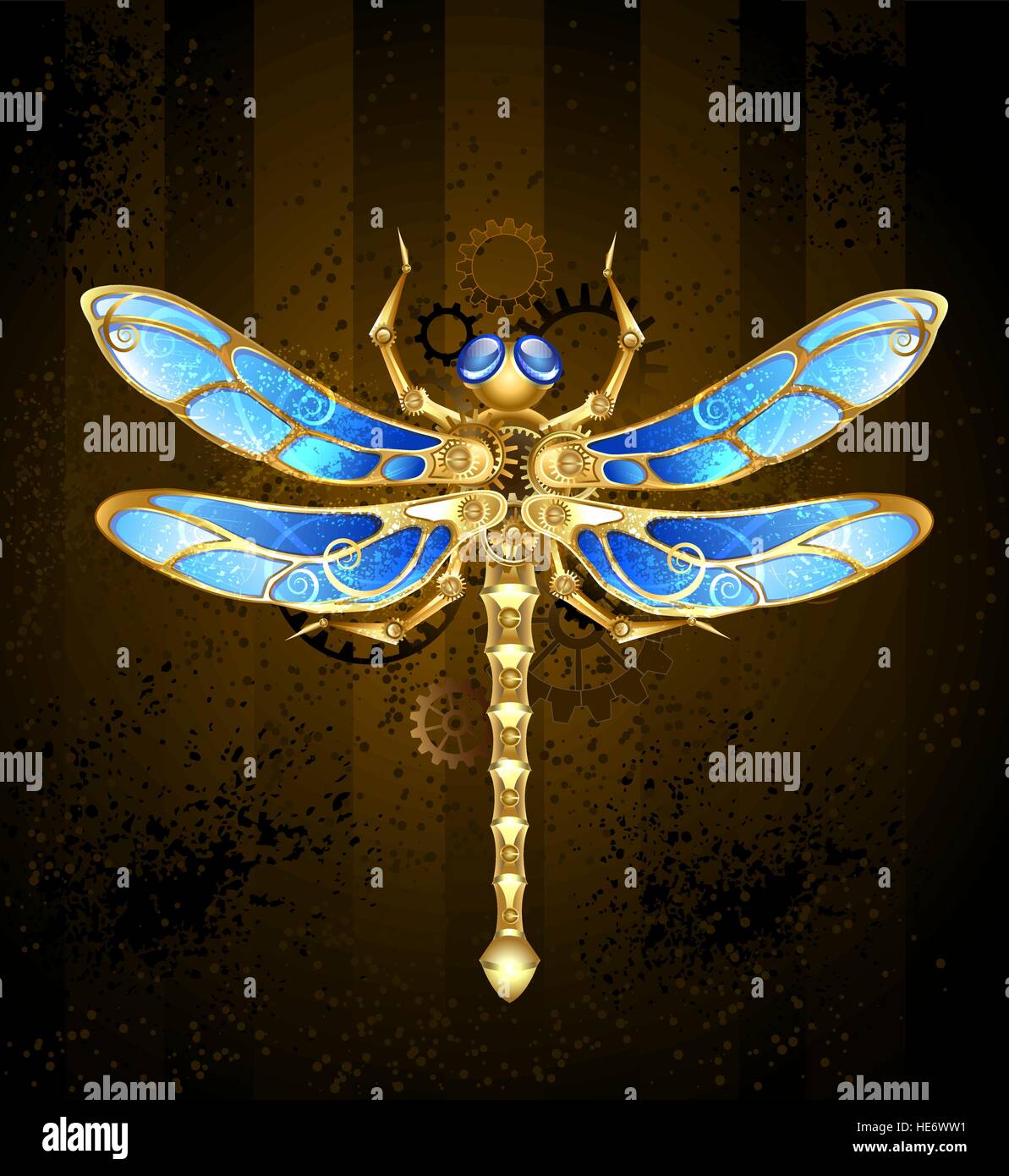 mechanical dragonfly brass and gold with wings decorated with blue glass and gears Stock Vector