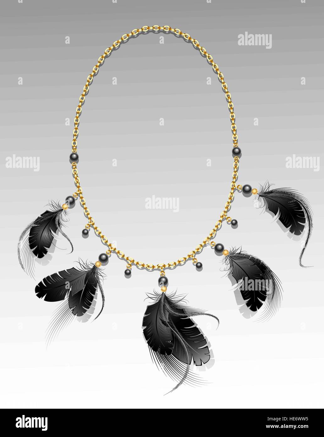 gold chain with black feathers and beads on a gray background. Stock Vector