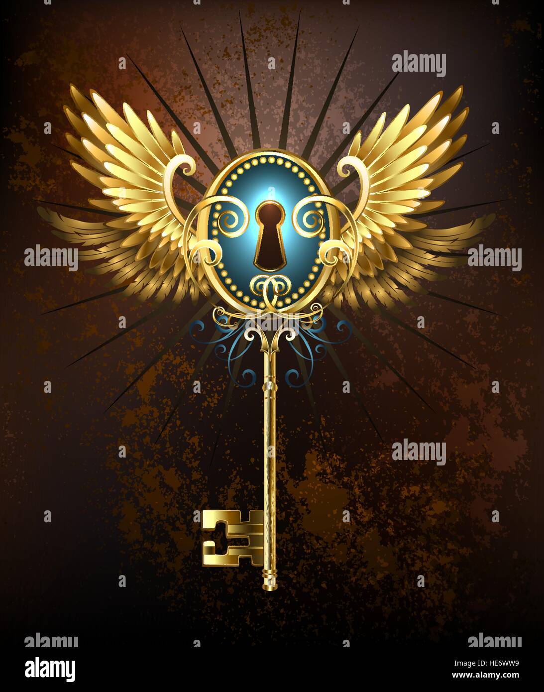 Steampunk golden key with mechanical wings on a rusty textural background. Stock Vector