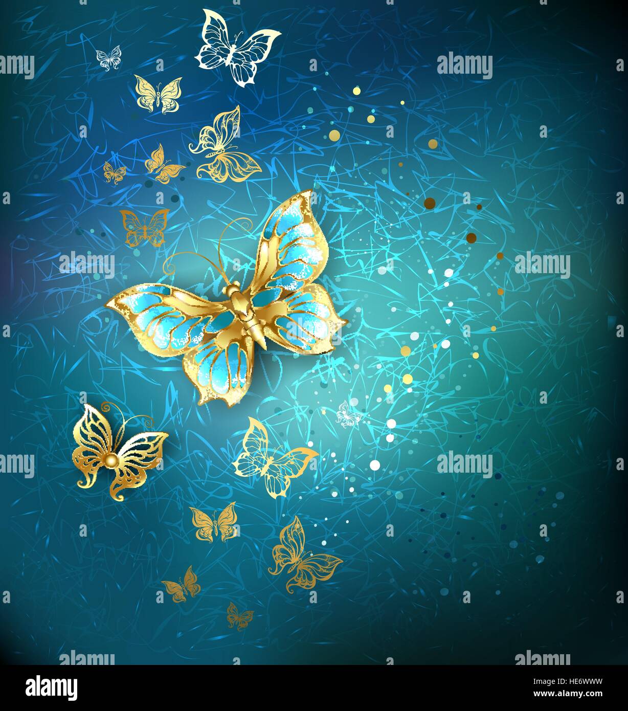 luxury gold butterflies on a blue textural background Stock Vector