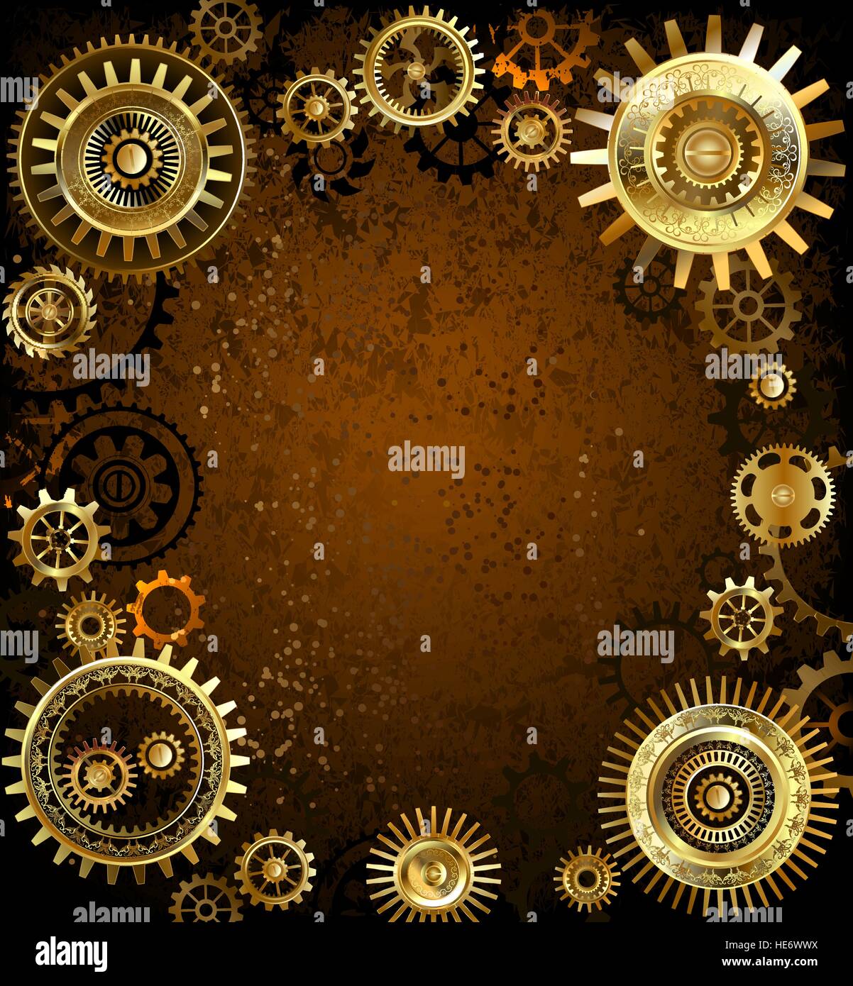 gold and brass gears on rusty background. Stock Vector
