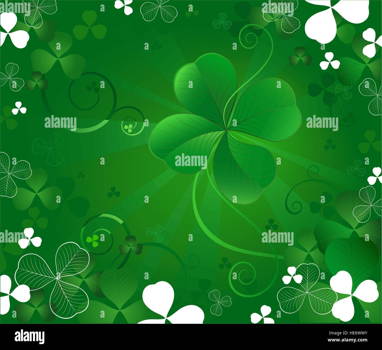 magic clover with four leaves, shines among the clover meadow. Stock Vector