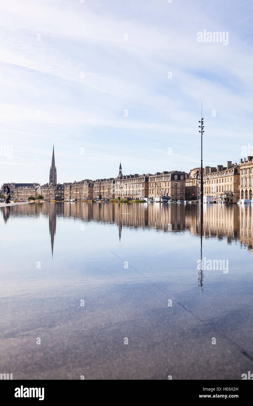 The miroir d'eau or water mirror in the city of Bordeaux, France. Stock Photo