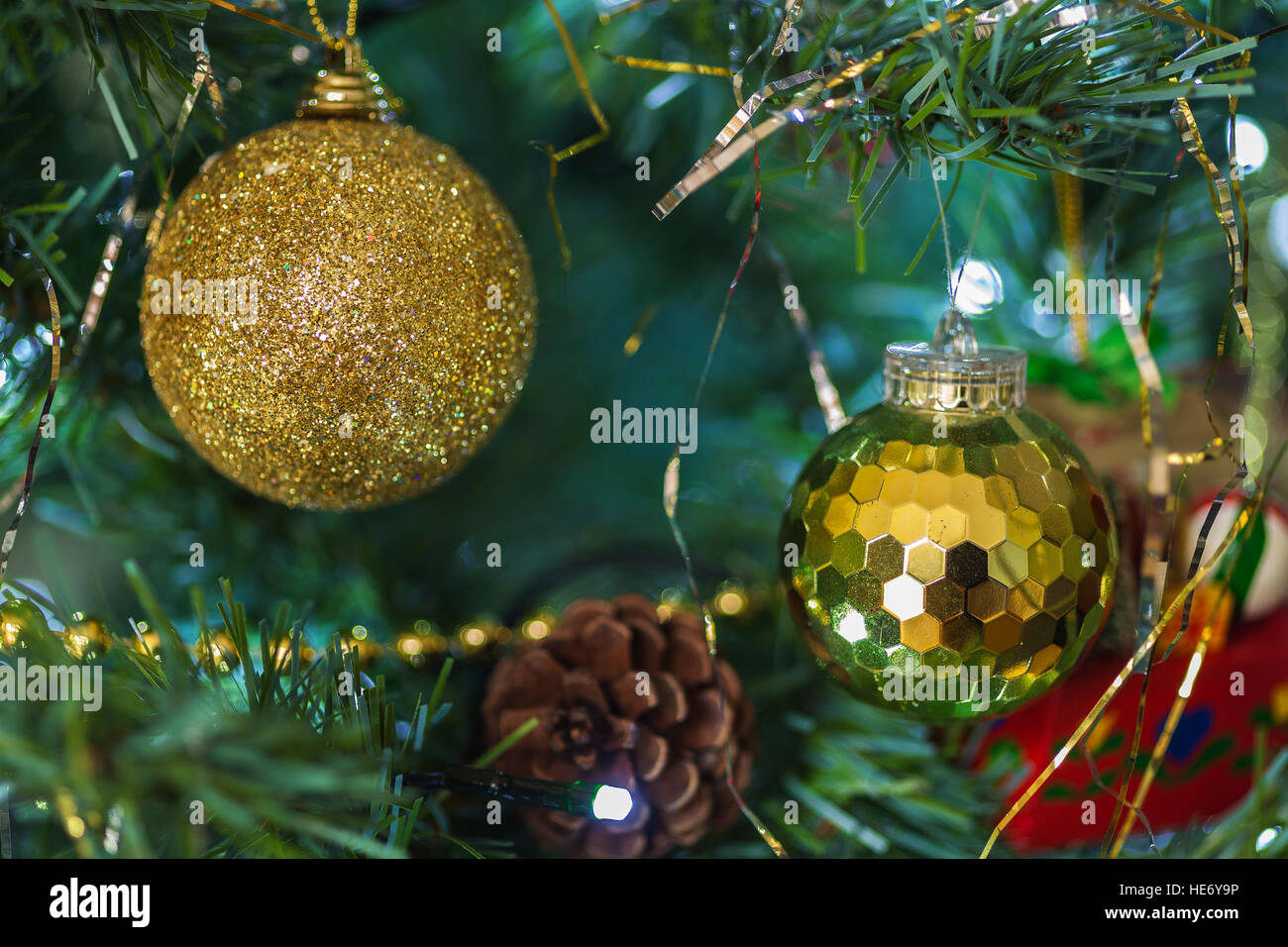 Christmas Tree Decoration - Golden Baubles Stock Photo