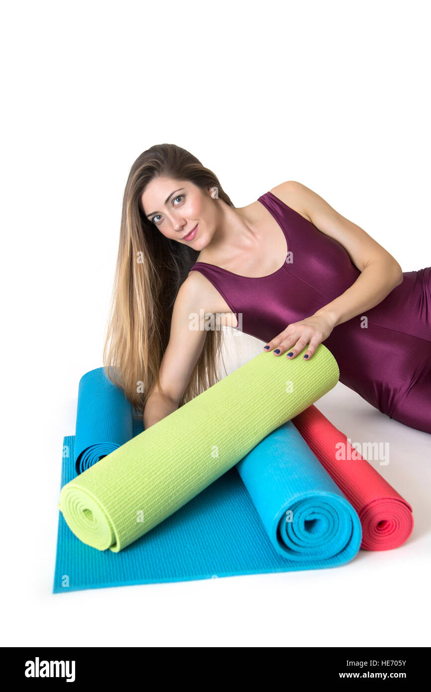 Young yoga woman with pad for exercise on the floor Stock Photo Alamy