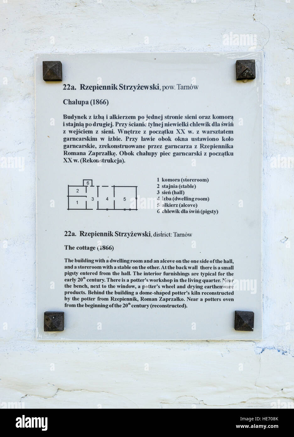 Bilingual sign at farmstead from Rzepiennik Strzyzewski, Pogorzanie ethnic group, Rural Architecture Museum in Sanok, Poland Stock Photo