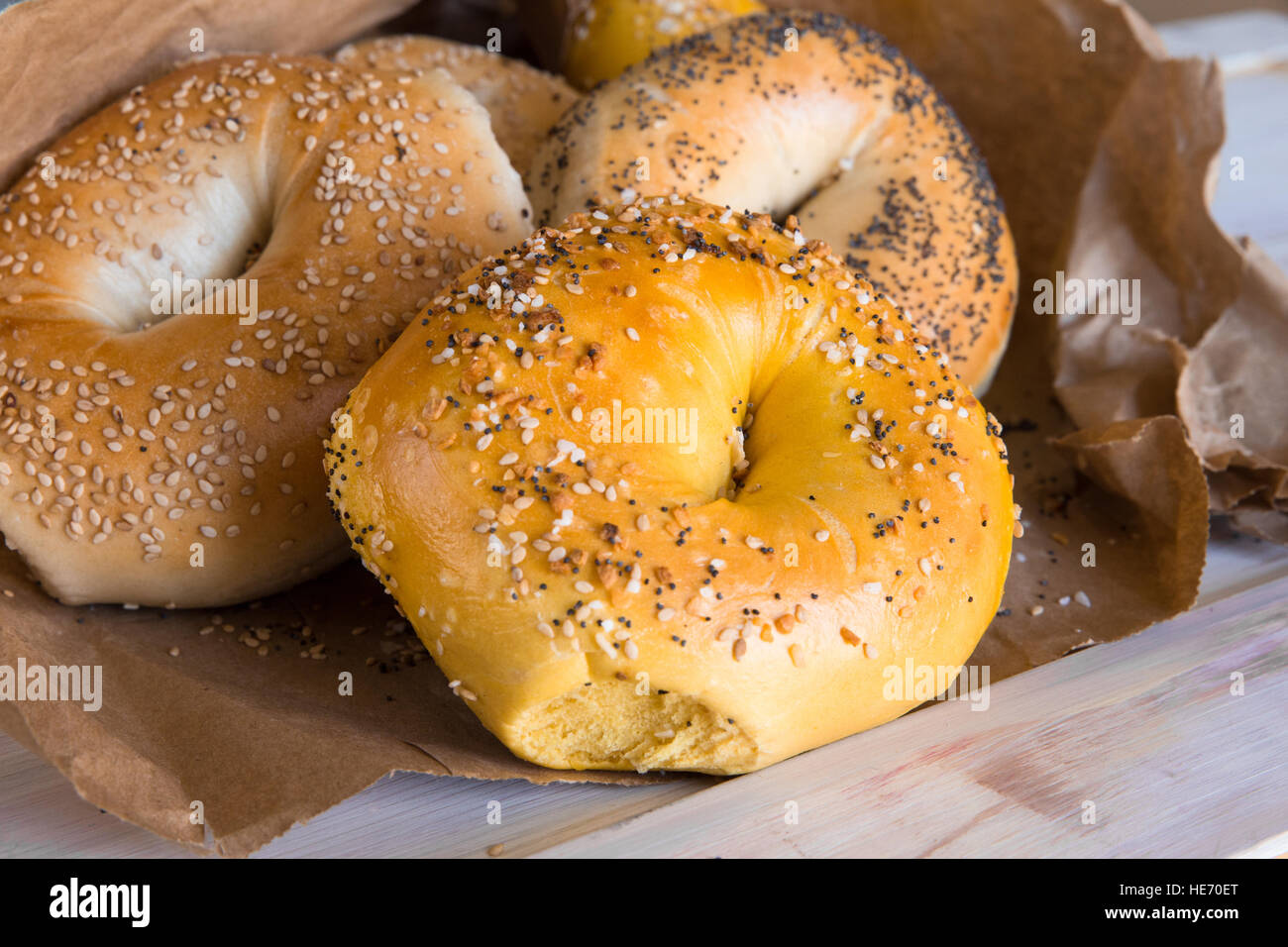 assorted variety of authentic New York style bagels with seeds Stock Photo