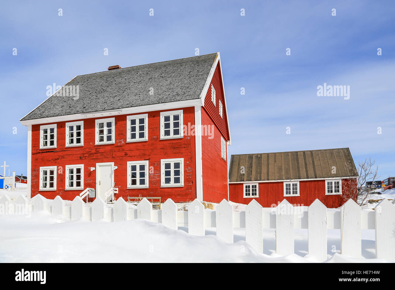 Santa Claus house and one of a few tree in Nuuk, Greenland Stock Photo