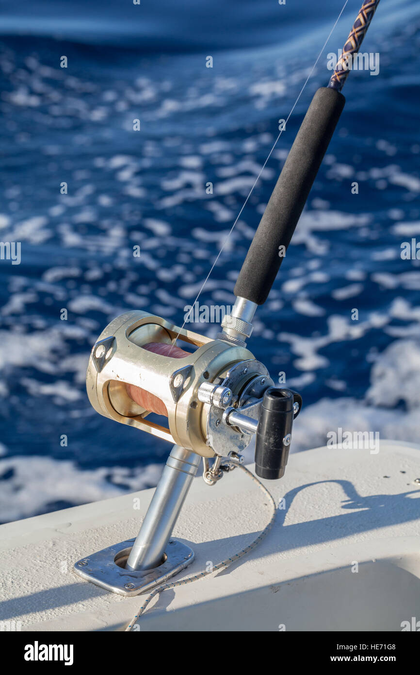 Big Game fishing in Canary Islands, Spain. Fishing reels and rods on boat Stock Photo
