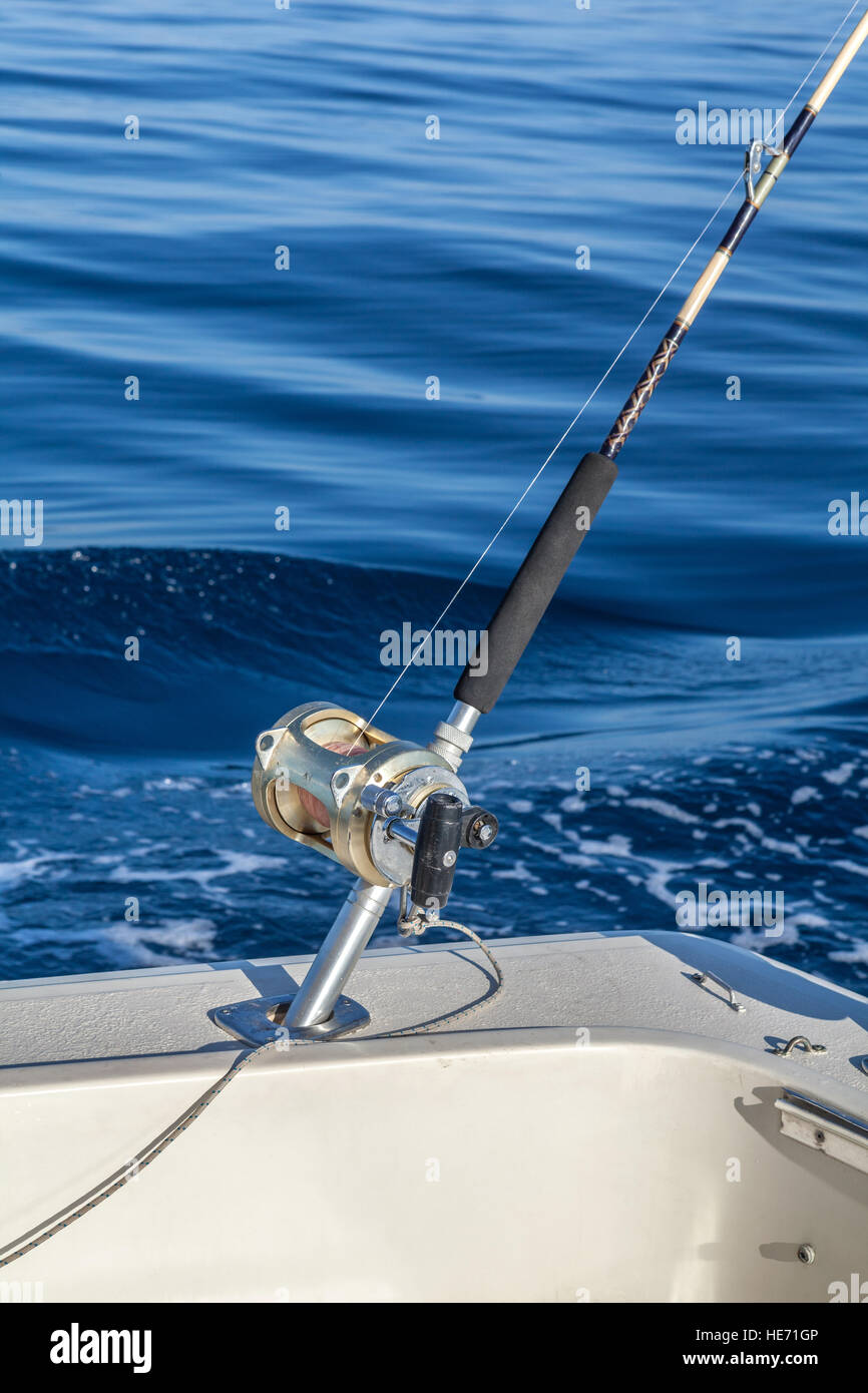 Big Game fishing in Canary Islands, Spain. Fishing reels and rods on boat Stock Photo