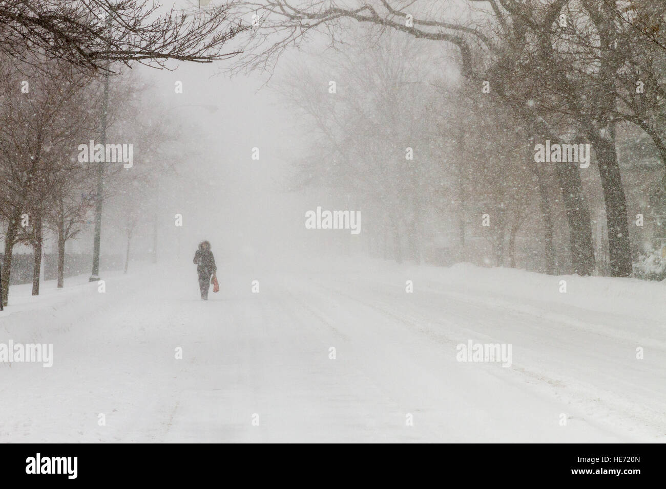 Blizzard in Chicago with empty street and single person walking during snow storm Stock Photo