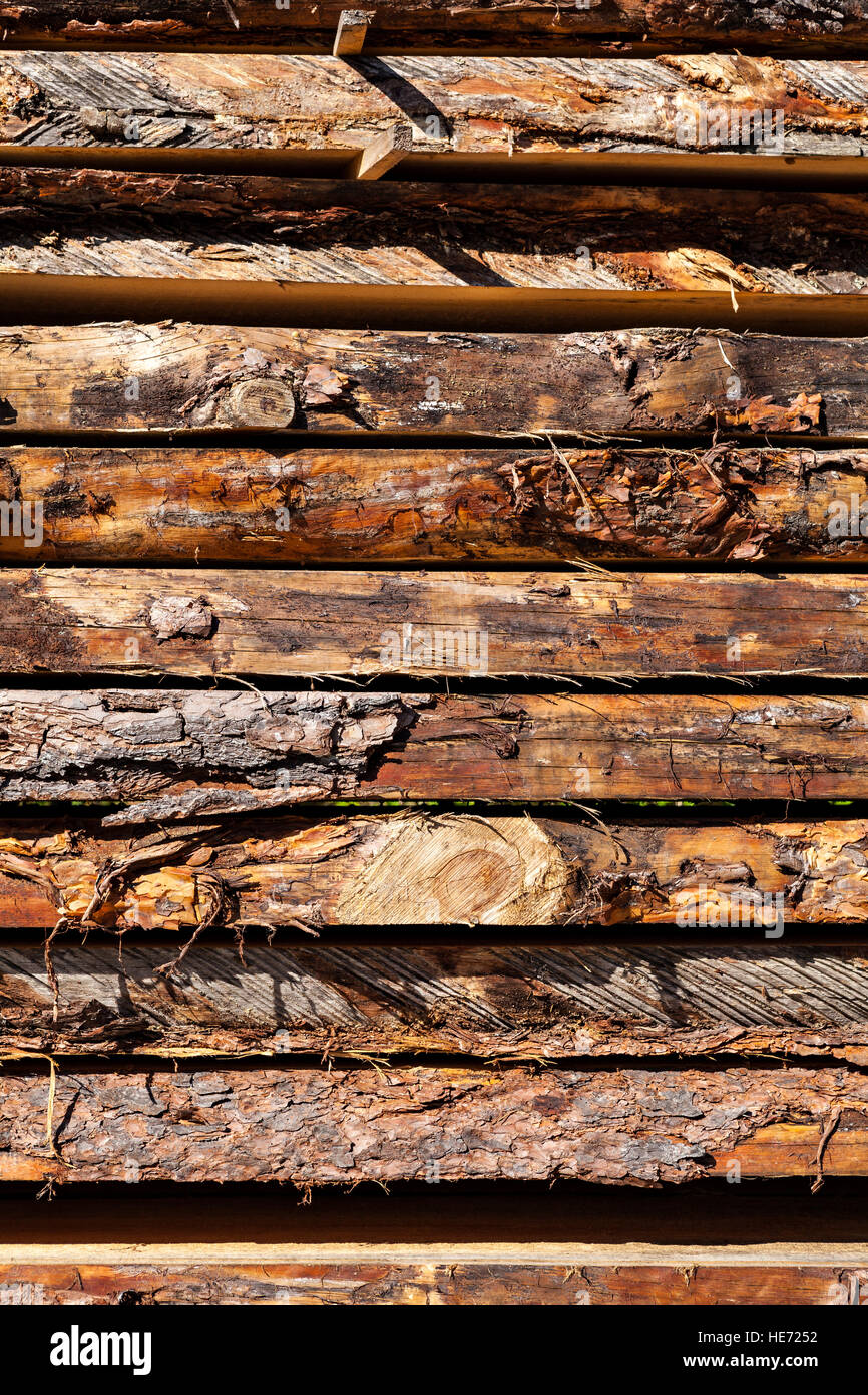 Close up of fresh wooden board in sawmill. Stock Photo