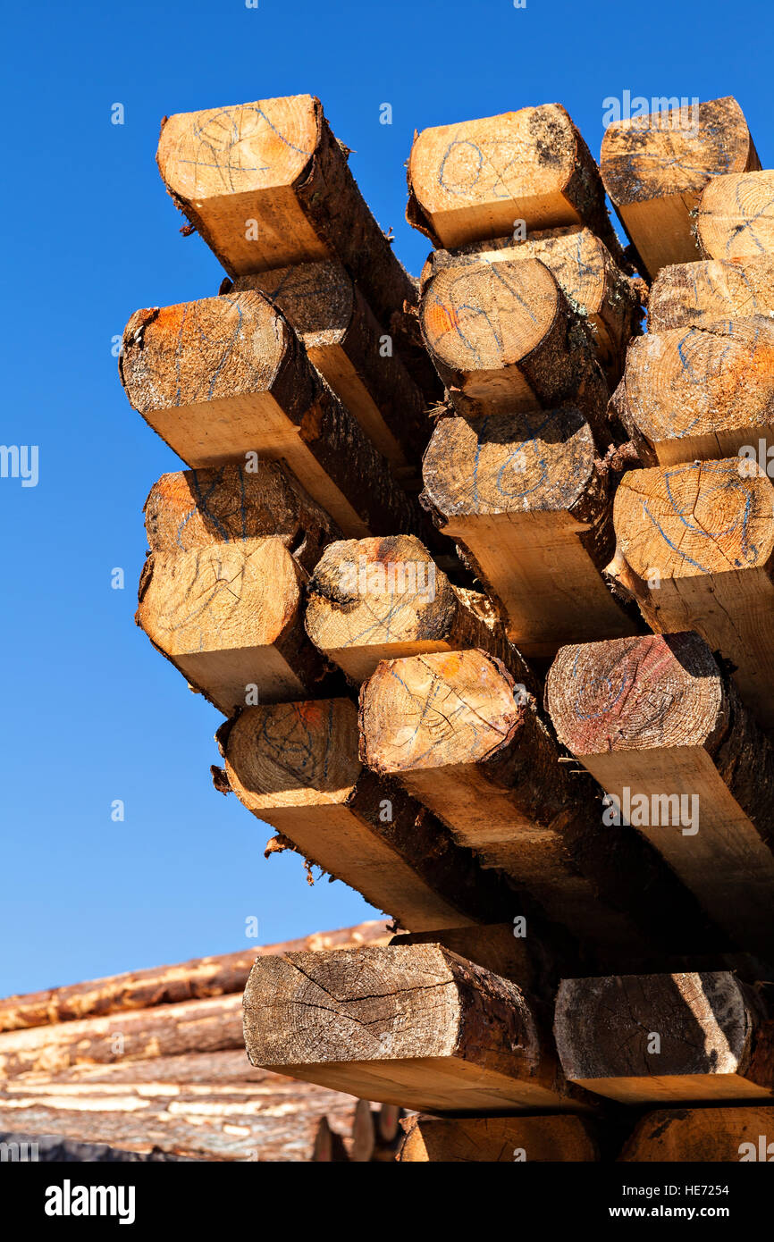 Stack of wooden beam in sawmill Stock Photo