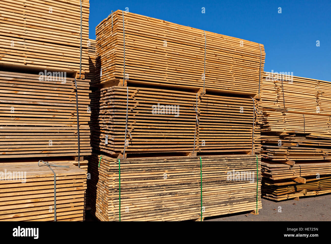 Stack of wooden boards in sawmill Stock Photo