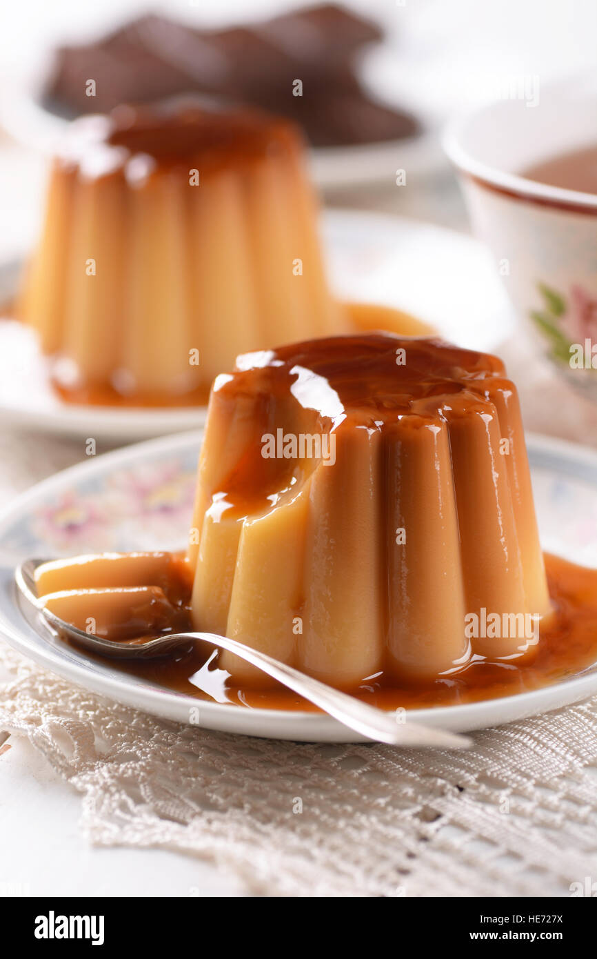 vanilla pudding with caramel for breakfast Stock Photo Alamy