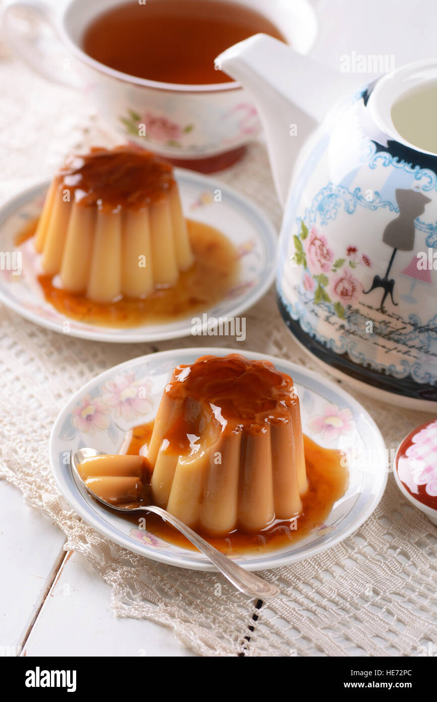 vanilla pudding with caramel for breakfast Stock Photo Alamy