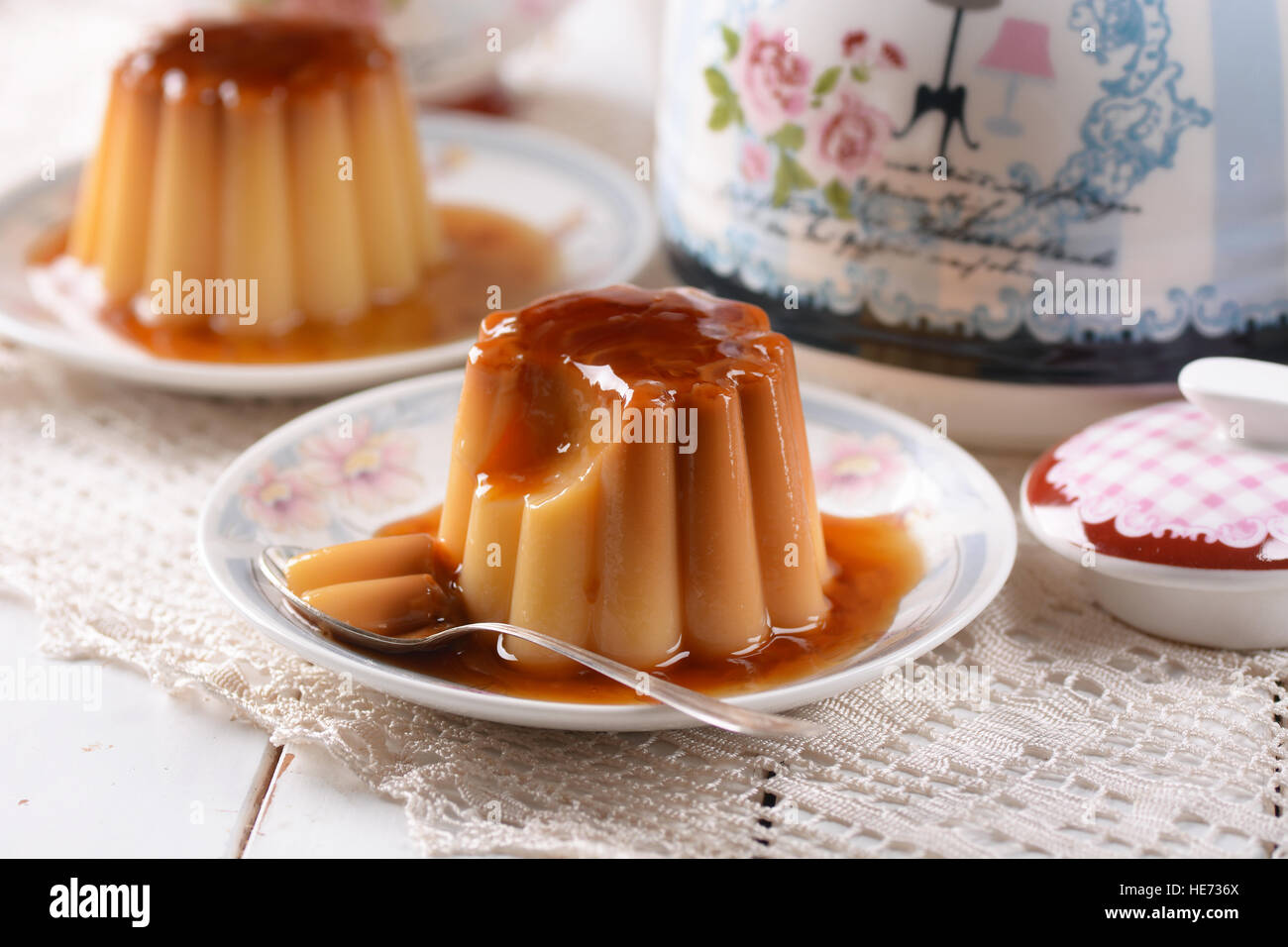 vanilla pudding with caramel for breakfast Stock Photo Alamy