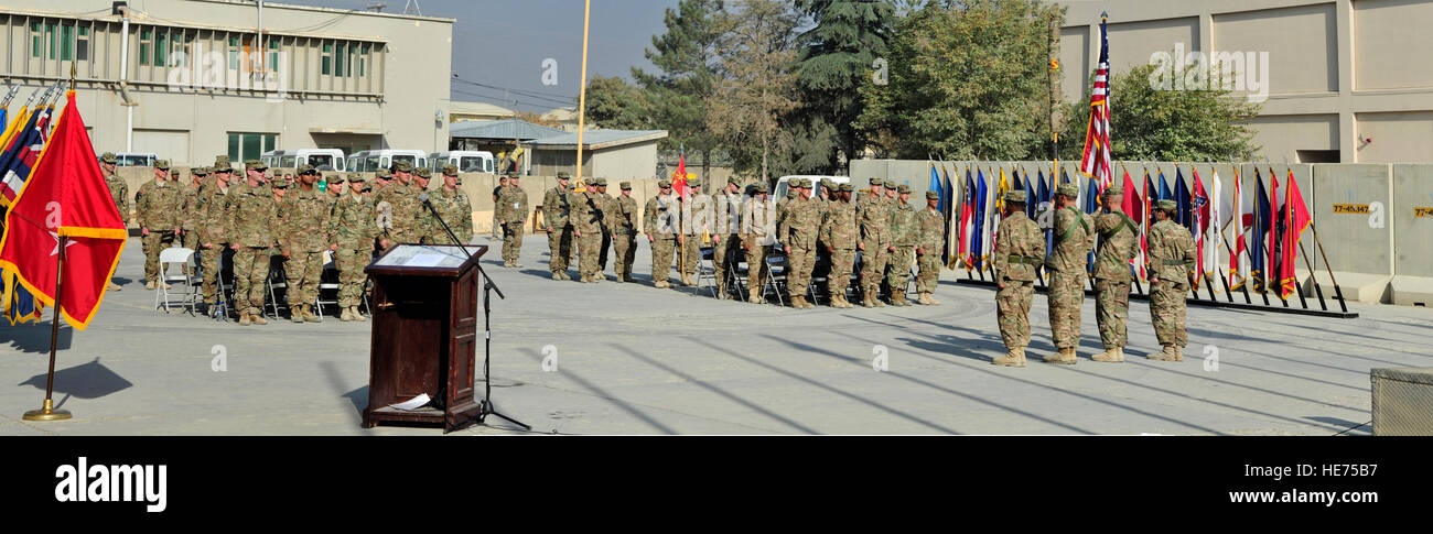 BAGRAM AIRFIELD, AFGHANISTAN (Nov. 2, 2016) - The transfer of authority ceremony from the 2nd Battalion, 44th Air Defense Artillery Regiment to the 5th Battalion, 5th Air Defense Artillery Regiment.  The air defense unit provides counter rocket, artillery, and mortar protection to the airfield.  2/44 ADA will return home to Fort Campbell, Ky., 5/5 ADA recently arrived from Joint Base Lewis-McChord, Wash.   Bob Harrison, U.S. Forces Afghanistan Public Affairs. Stock Photo