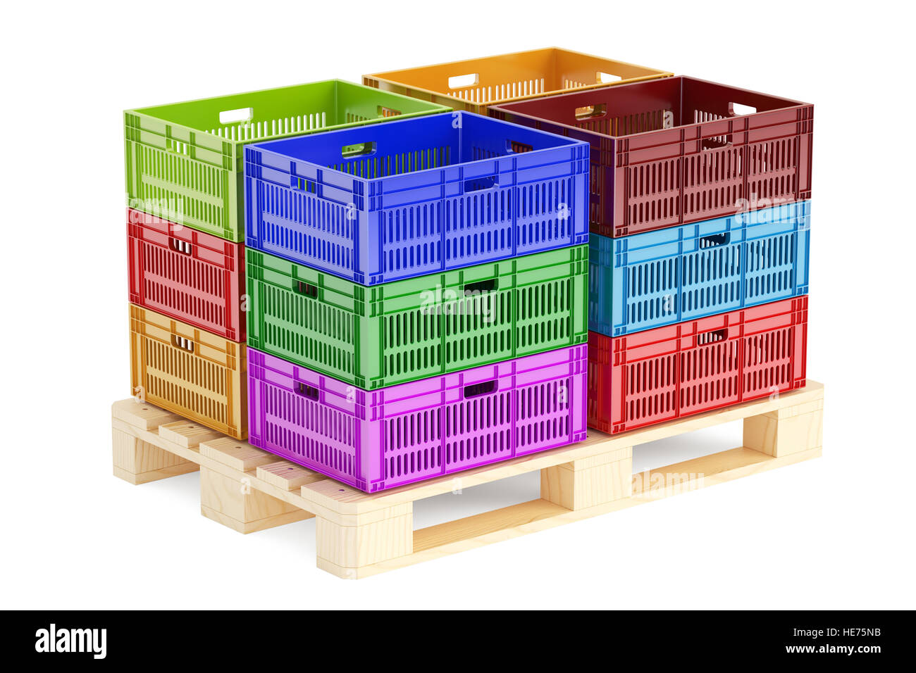 stack colored plastic crates on the wooden pallet, 3D rendering