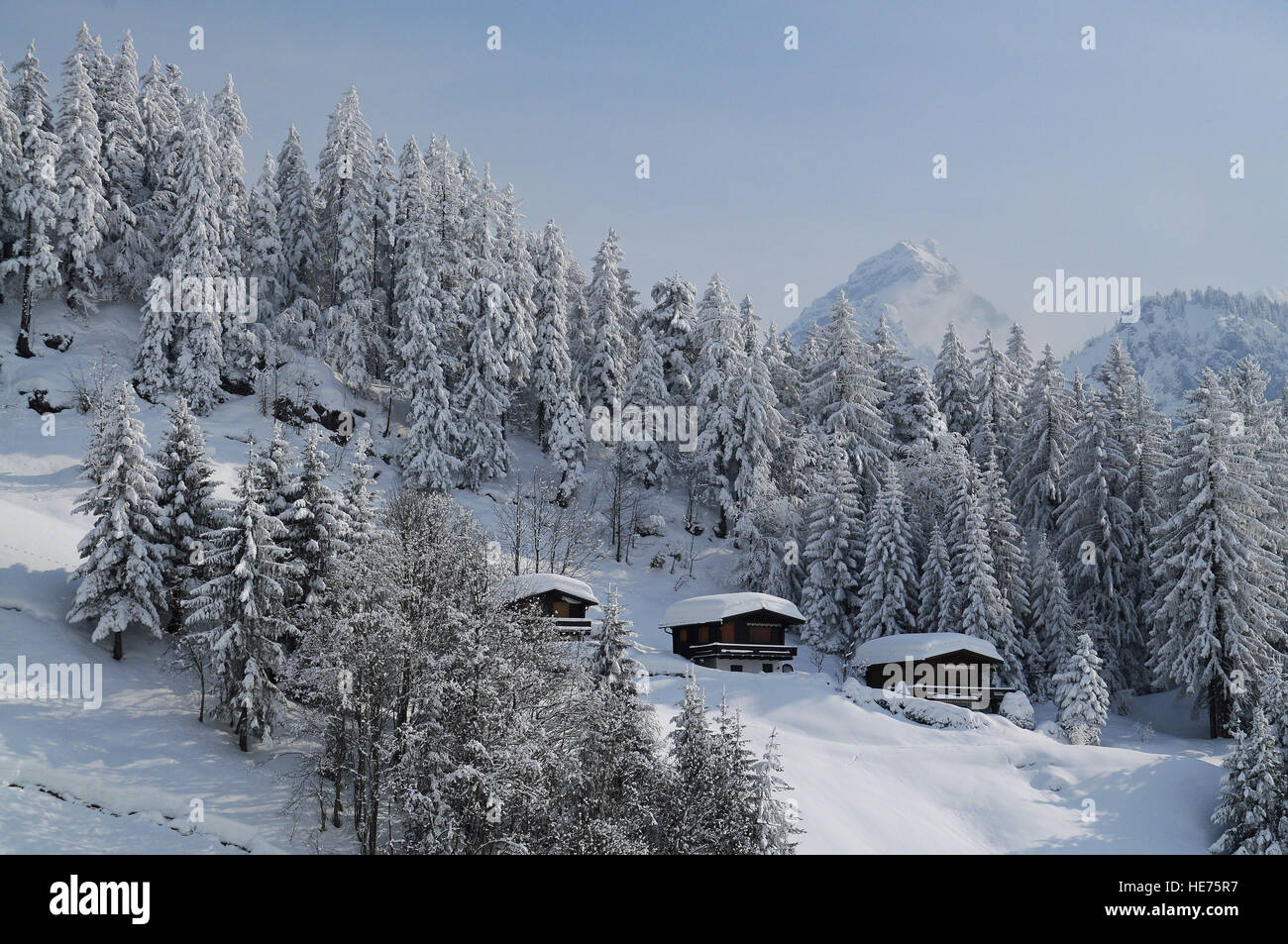 Mountain cabins on a winter landscape in the Alps Stock Photo