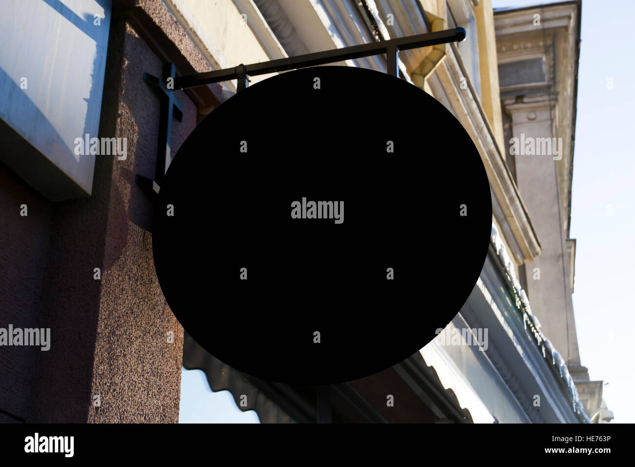 Round shape Signboard on wall. Mock up Stock Photo - Alamy