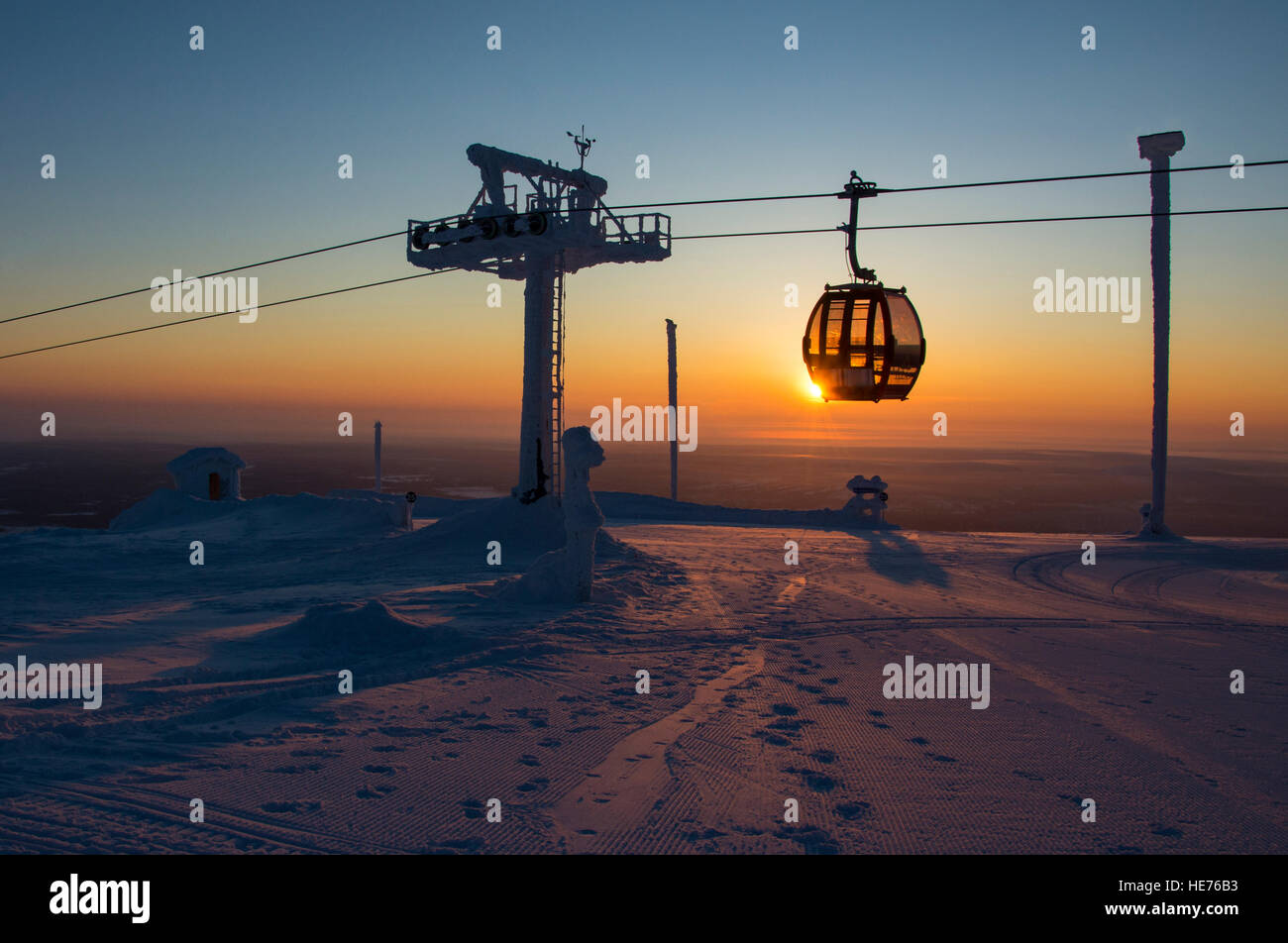 Cable Car Passes Setting Sun, Yllas, Finland Stock Photo Alamy
