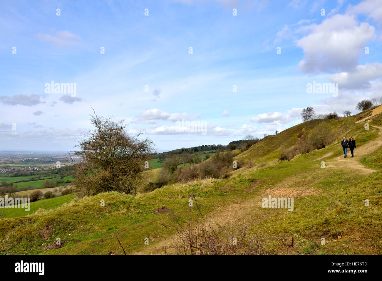 Walking path in Cotswolds overlooking vale of the River Severn, Gloucestershire, England Stock Photo