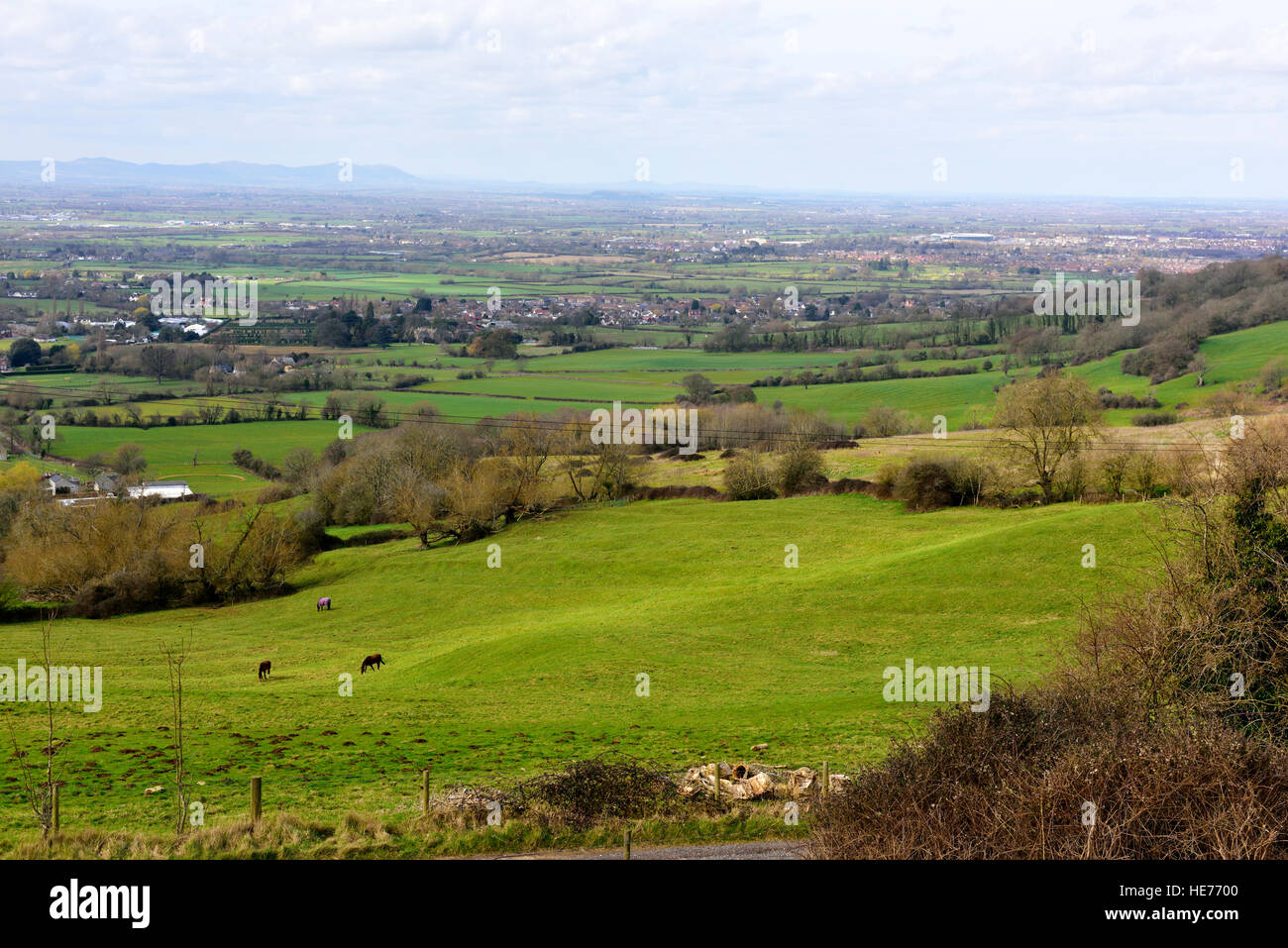 Gloucestershire countryside from Cotswolds overlooking vale of the River Severn toward Cheltenham Spa Stock Photo
