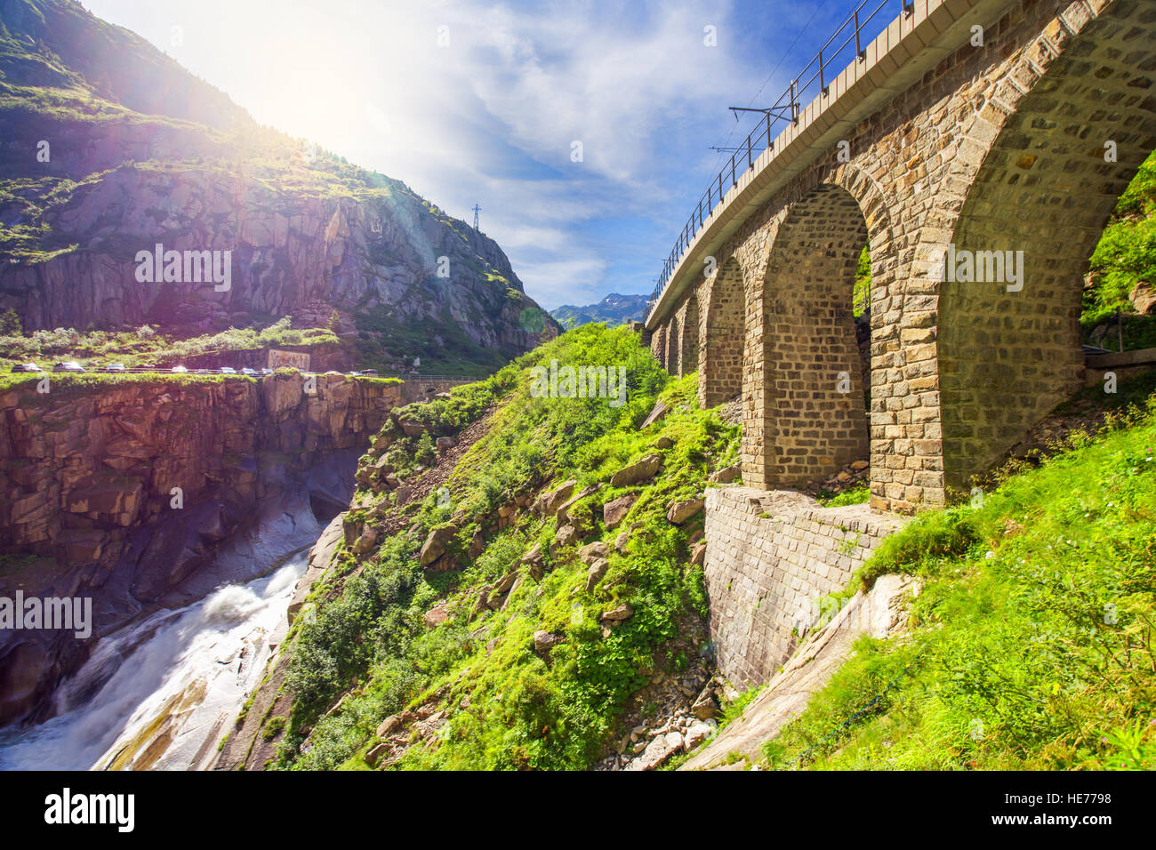 Railway bridge Teufelsbrucke - Devil's bridge on the Gotthard mountain pass near Andermatt in Swiss Alps Stock Photo