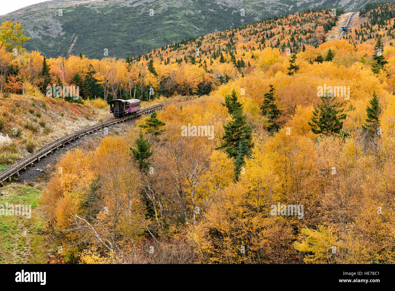 Mount Washington Cog Railway trains carry tourists to the summit, Bretton Woods, NH Stock Photo