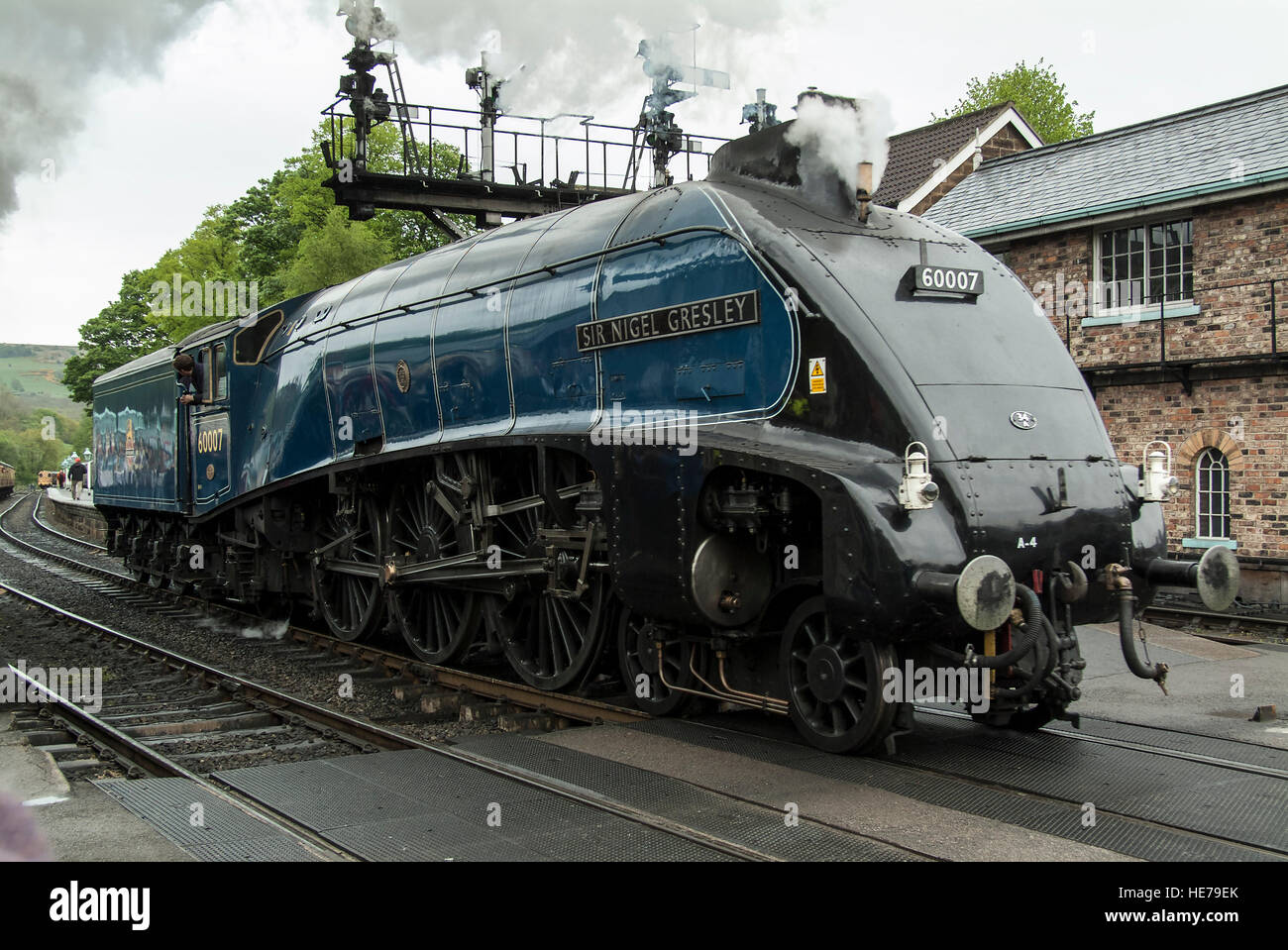 A4 Pacific loco #60007 Sir Nigel Gresley standing at Grosmont station on the North York Moors railway, Yorkshire, England UK Stock Photo