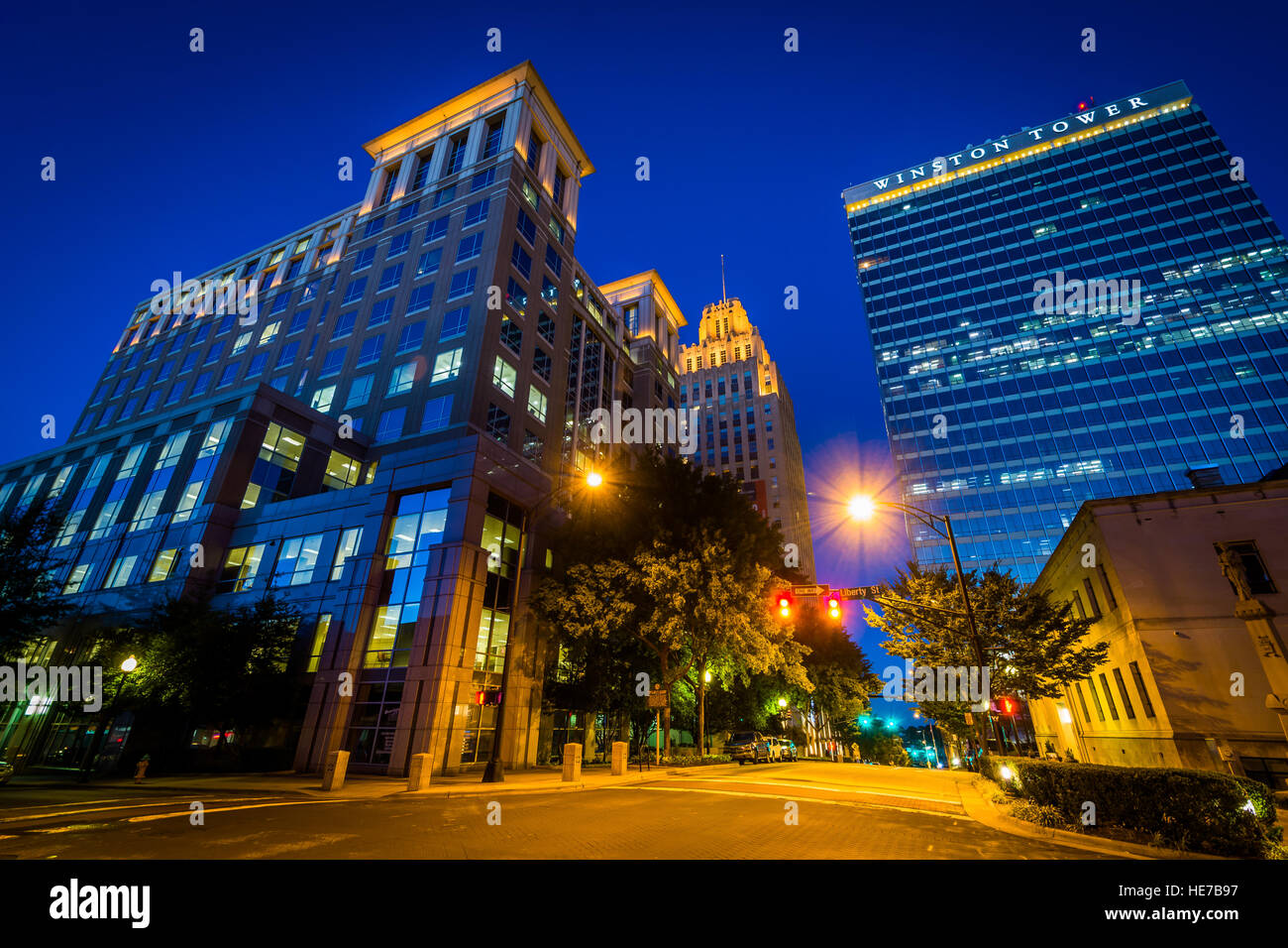 Buildings along 4th Street at night, in downtown WinstonSalem, North