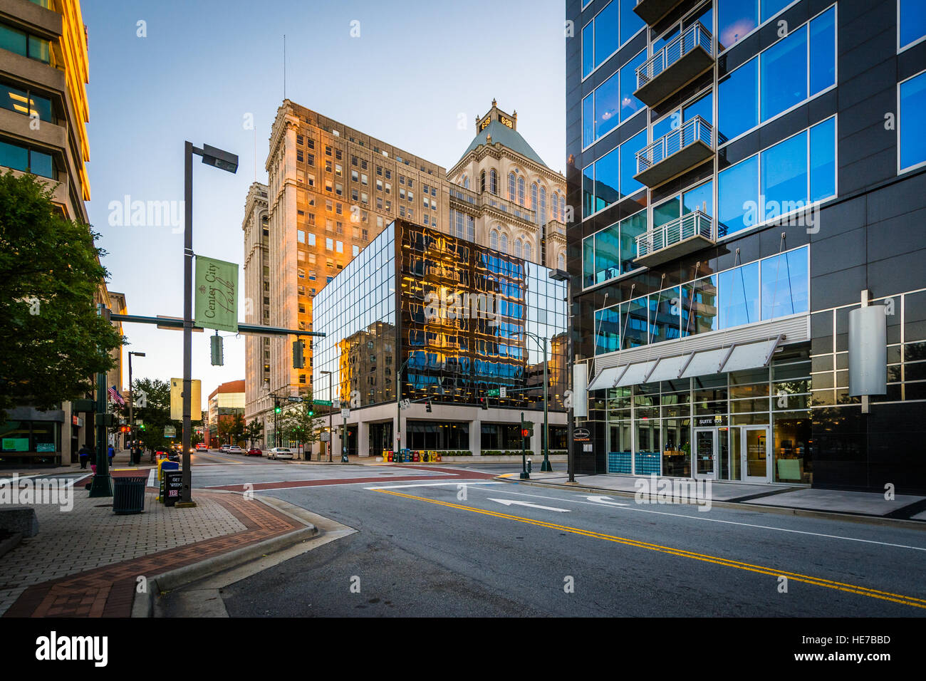 Elm Street and buildings in downtown Greensboro, North Carolina Stock