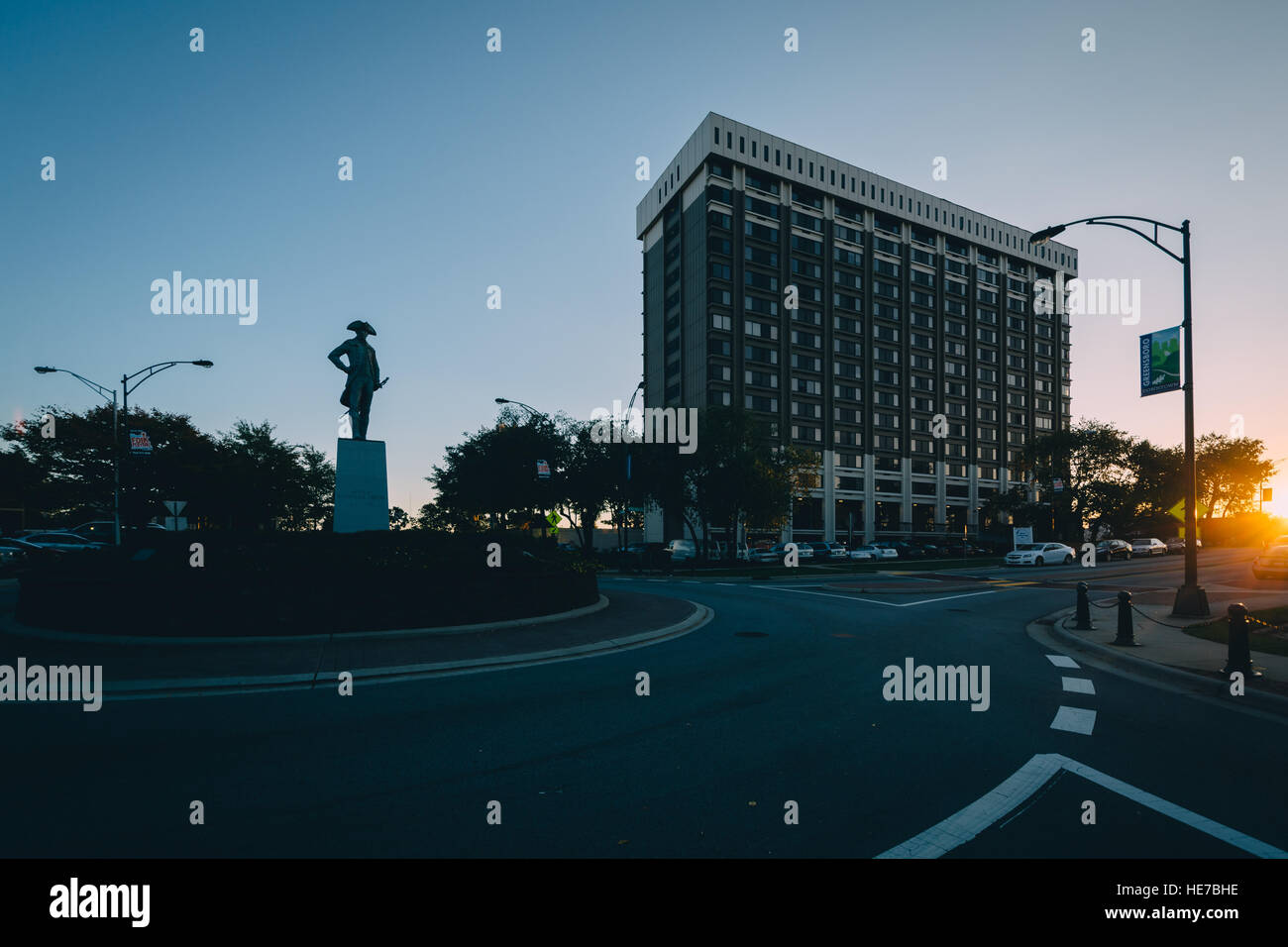 Nathaniel Greene Statue and traffic circle at sunset, in downtown
