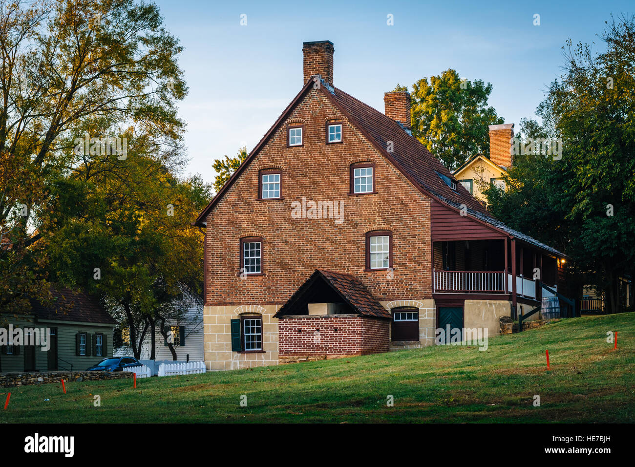 Old brick house in the Old Salem Historic District, in Winston-Salem, North Carolina. Stock Photo