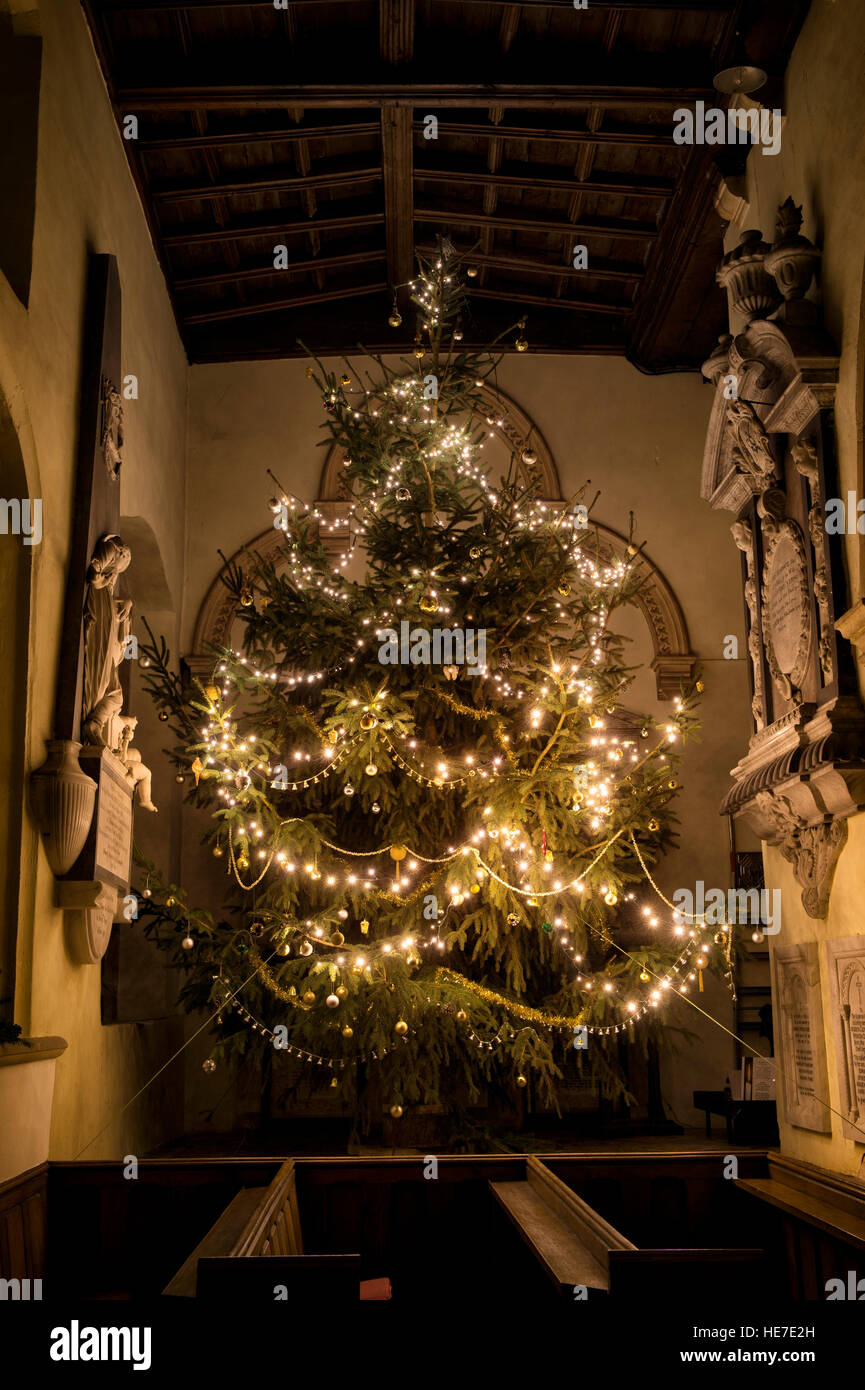 Christmas tree lit up at night inside Peter & St Paul Church, Blockley, Cotswolds, Gloucestershire, England Stock Photo