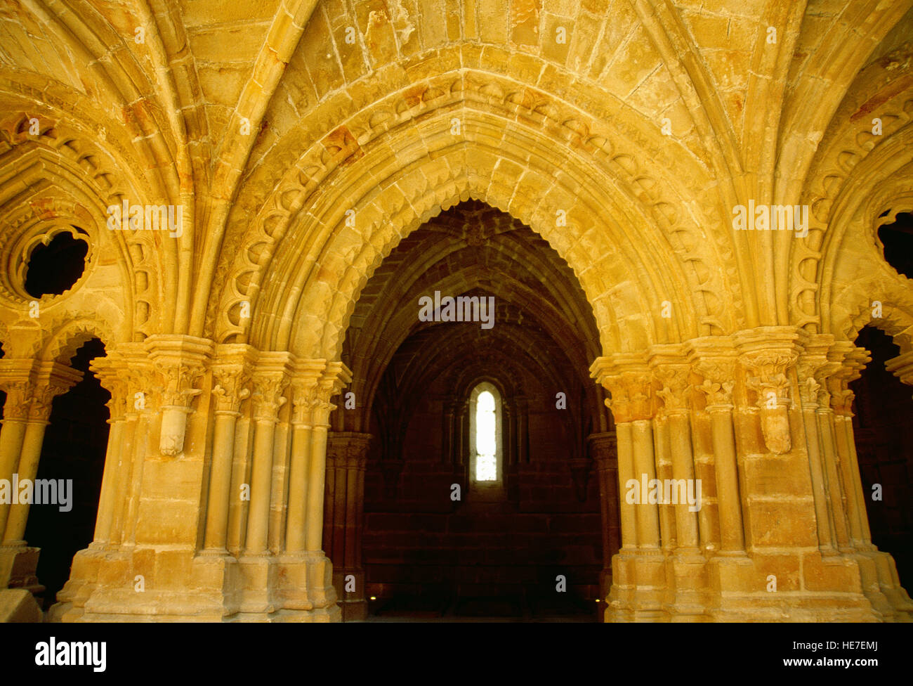 Cloister. Rueda monastery, Escatron, Zaragoza province, Aragon, Spain. Stock Photo