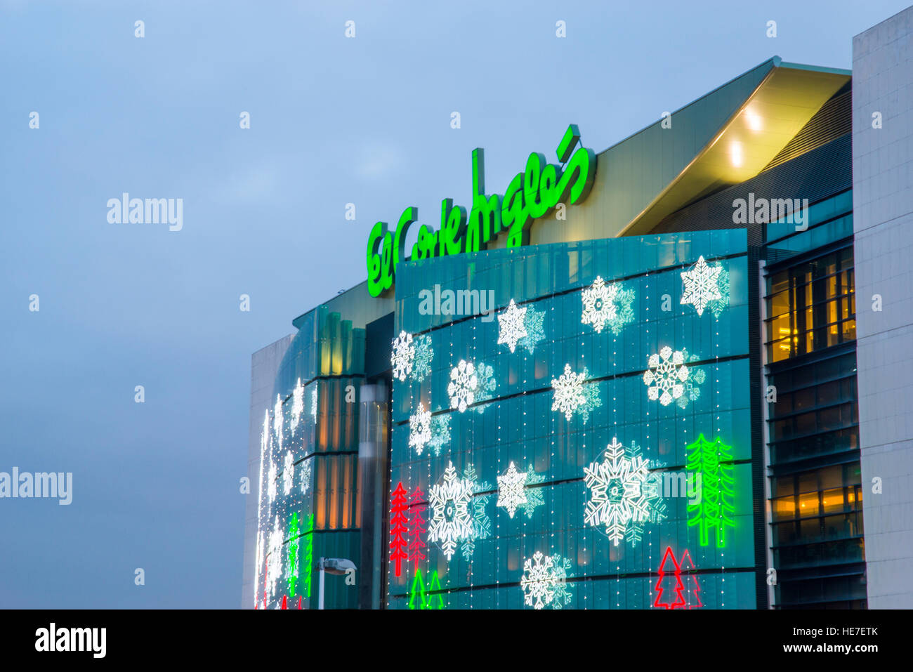 Facade of El Corte Ingles shopping center at Christmas, night view. Sanchinarro, Madrid, Spain. Stock Photo