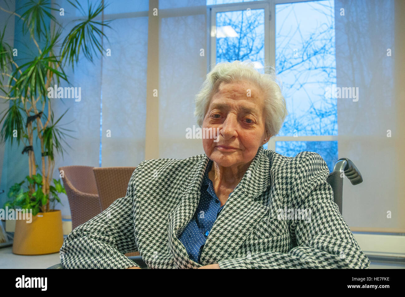 Portrait of old lady in a nursing home, looking at the camera. Stock Photo