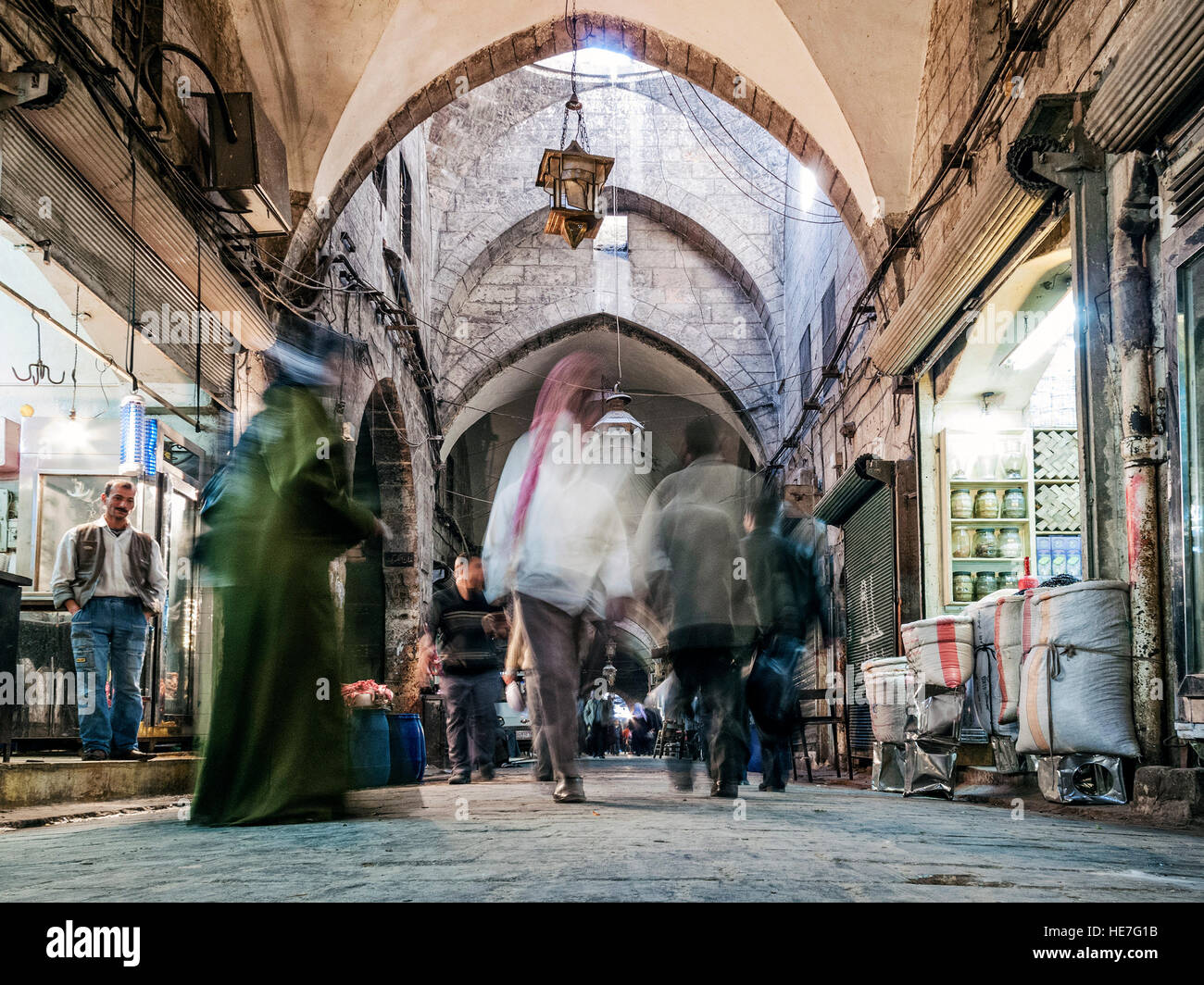 busy souk market shopping street in old town of aleppo syria Stock Photo
