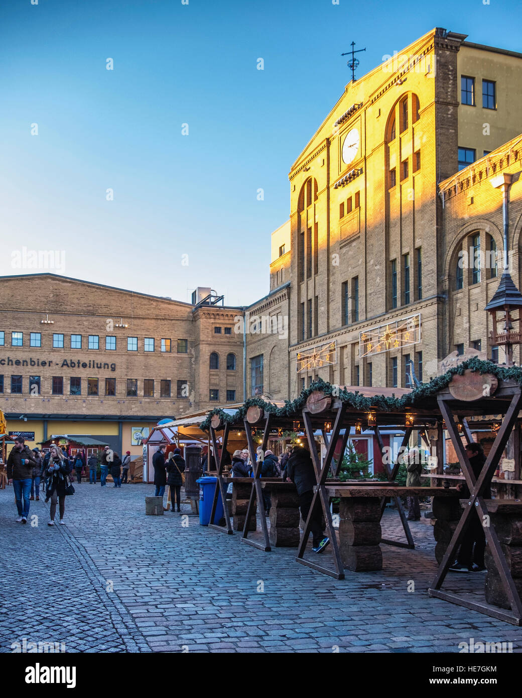 Berlin Christmas market stalls at old brewery buildings, German