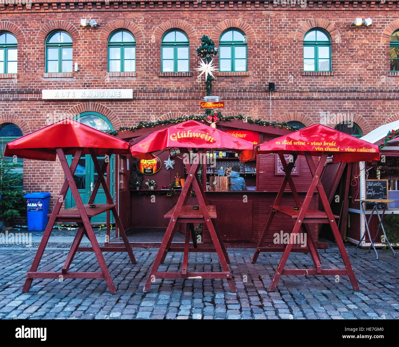 Berlin Christmas market Glühwein mulled wine stall at old brewery